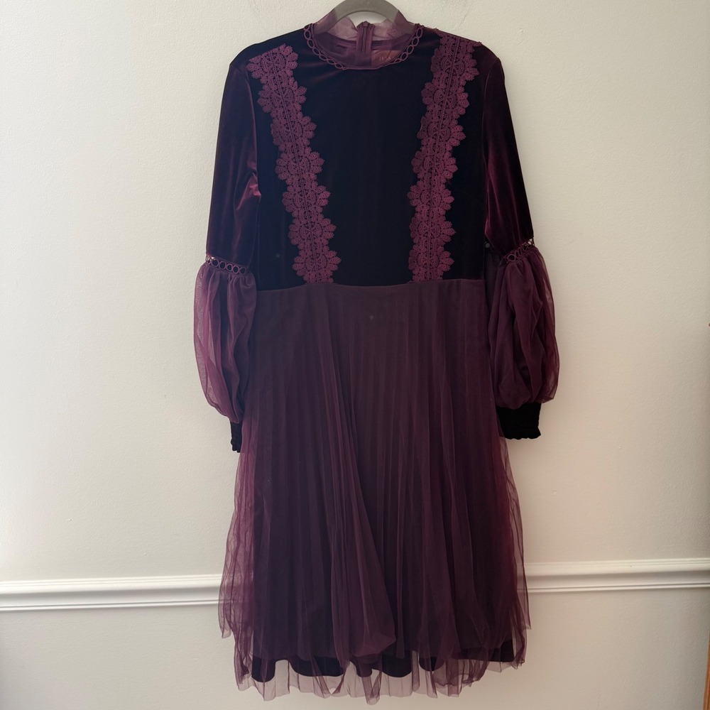 JessaKae Collection Plum Purple Velvet Tulle Lace Lantern Sleeve Midi Dress XL